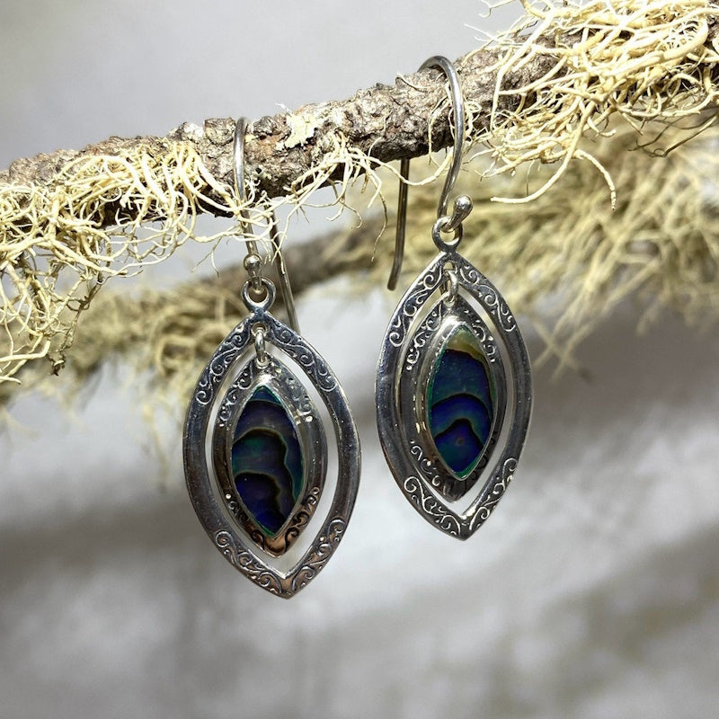 Ornate Sterling Silver Diamond Shaped Paua Shell Earrings