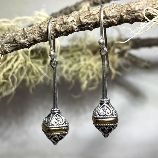 Ornate Sterling Silver and Yellow Gold Earrings