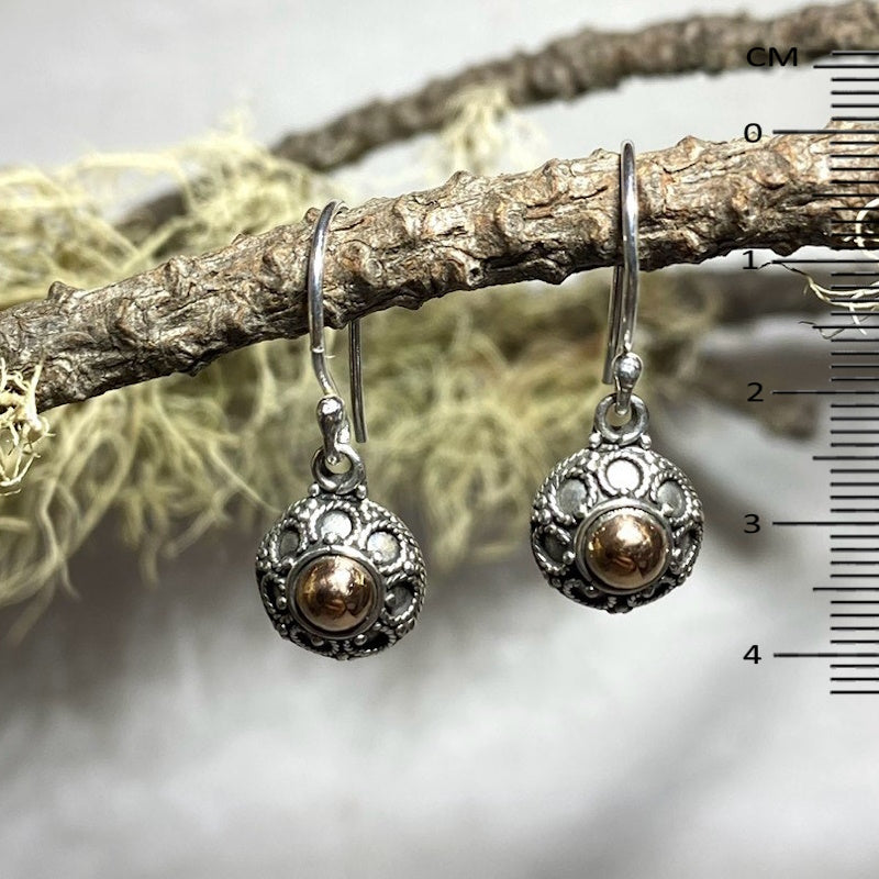 Ornate Sterling Silver and Rose Gold Round Earrings