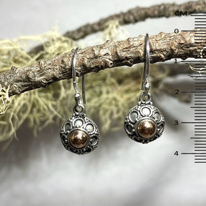 Ornate Sterling Silver and Rose Gold Round Earrings