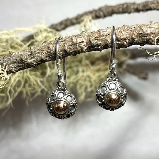 Ornate Sterling Silver and Rose Gold Round Earrings