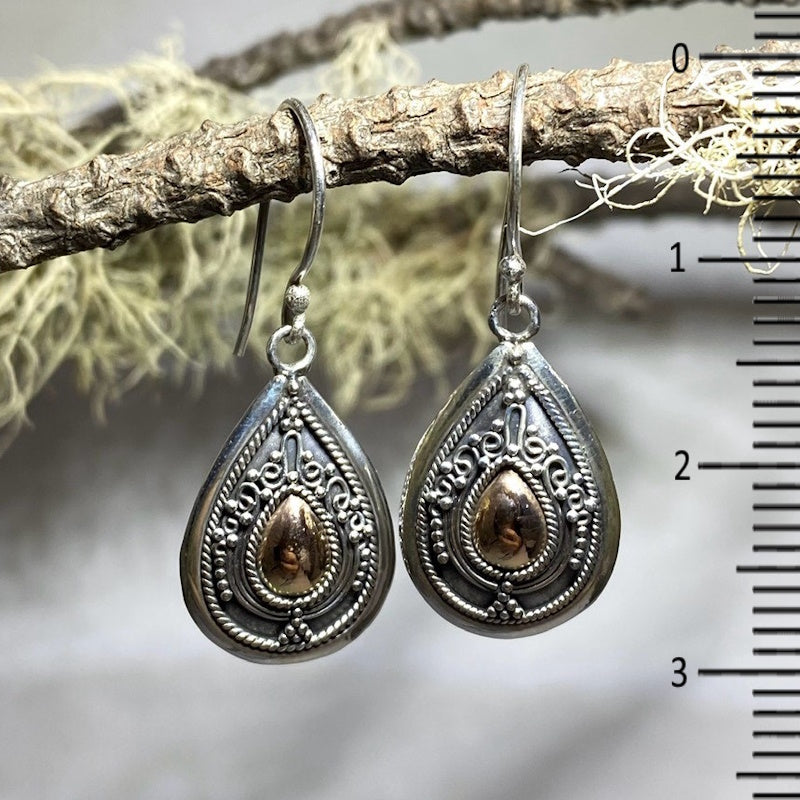 Ornate Sterling Silver and Rose Gold Teardrop Earrings