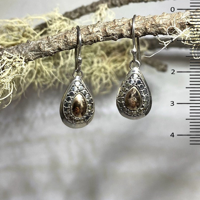 Ornate Sterling Silver and Yellow Gold Teardrop Earrings