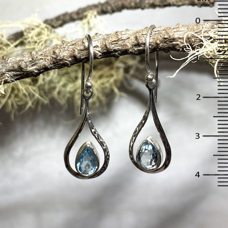 Ornate Silver Faceted Teardrop Blue Topaz Earrings