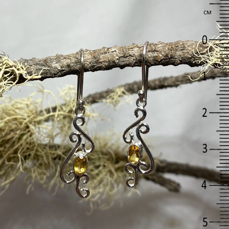 Faceted Scrolling Silver Oval Citrine Earrings