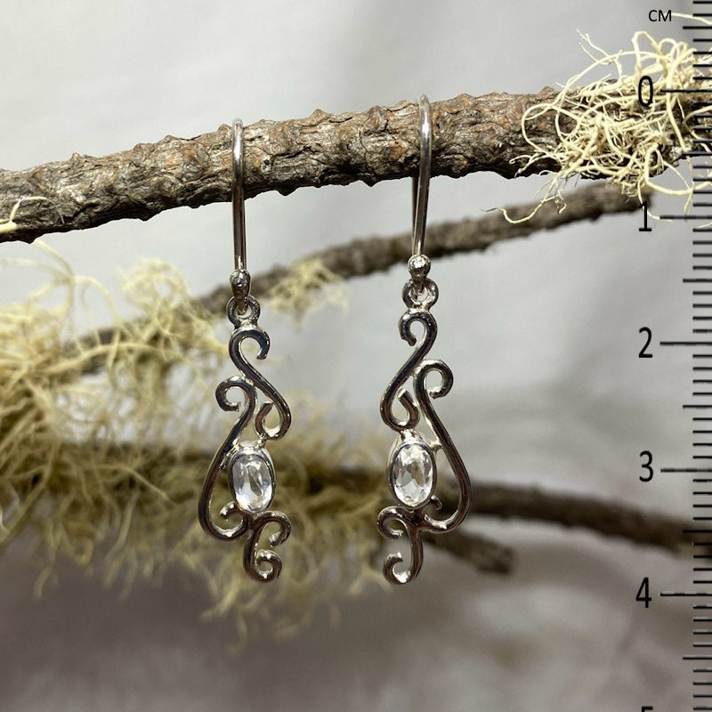 Scrolling Silver Oval Clear Quartz Earrings
