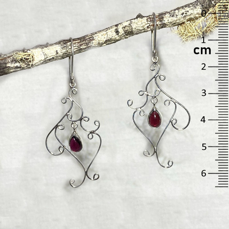 Teardrop Garnet Ornate Sterling Silver Earrings