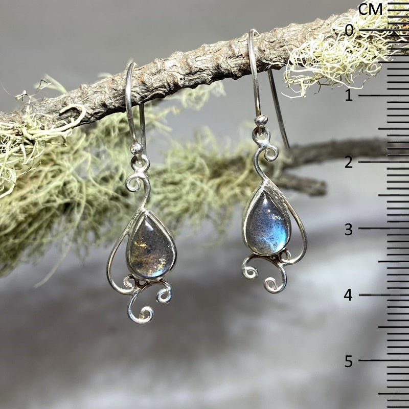 Scrolling Silver Teardrop Blue Flash Labradorite Earrings