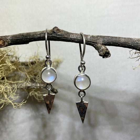 Sterling Silver Triangle Round Rainbow Moonstone Earrings
