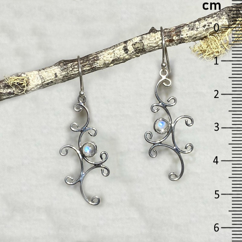 Round Rainbow Moonstone Ornate Sterling Silver Earrings