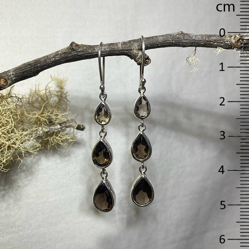 Three Tiered Faceted Teardrop Smoky Quartz Earrings
