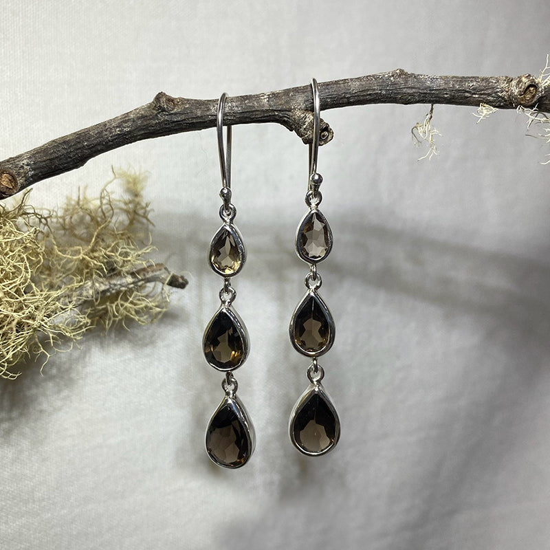 Three Tiered Faceted Teardrop Smoky Quartz Earrings