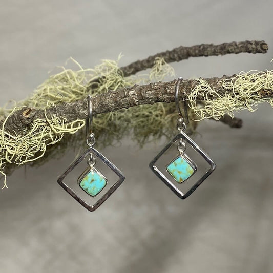 Hammered Silver Square Drop Turquoise Earrings