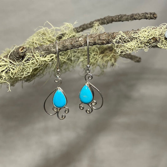 Scrolling Silver Teardrop Turquoise Earrings