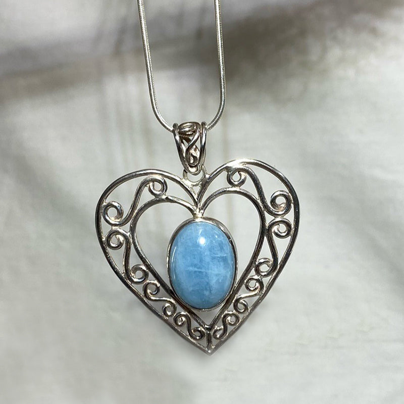 Ornate Sterling Silver Heart Oval Aquamarine Pendant