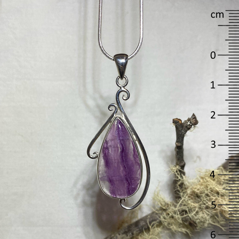 Ornate Swirling Sterling Silver Teardrop Fluorite Pendant