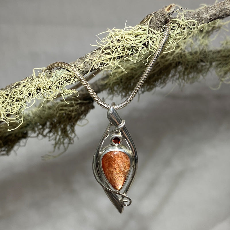Artistic Sterling Silver Pear Shape Sunstone and Faceted  Garnet Pendant