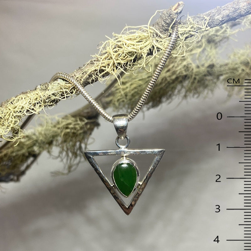 Triangle Sterling Silver Pear Shaped Nephrite Jade Pendant
