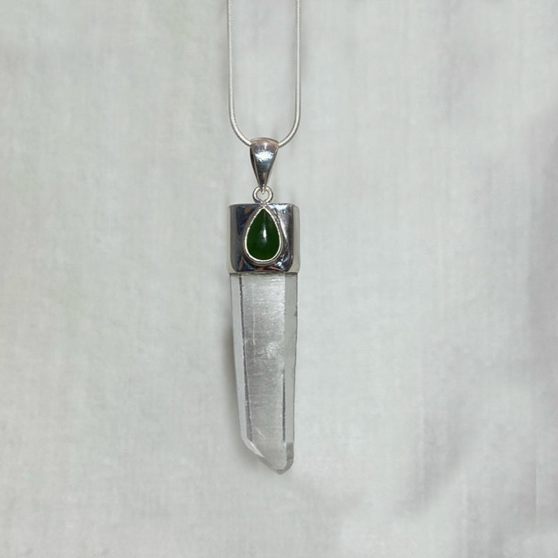 Teardrop Nephrite Jade & Natural Lemurian Quartz Pendant