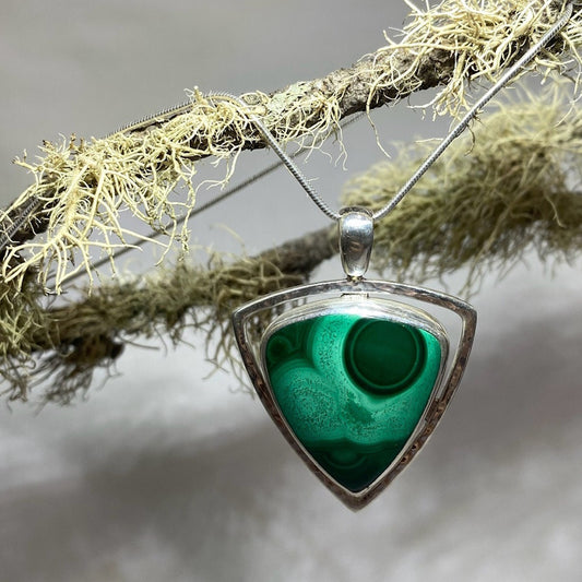 Hammered Sterling Silver Triangle Malachite Pendant