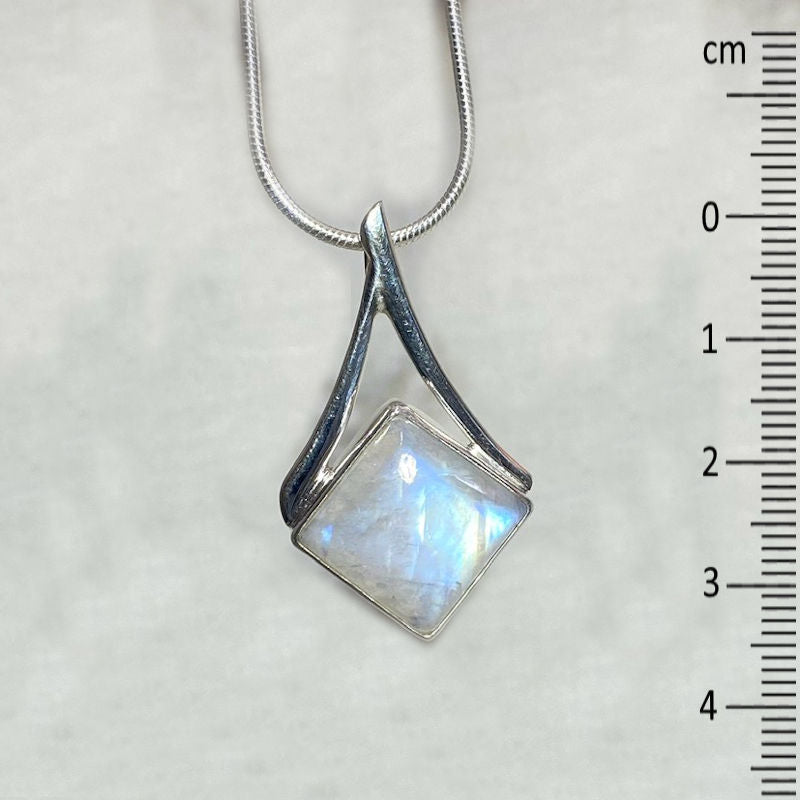 Diamond Shaped Rainbow Moonstone Ornate Sterling Silver Pendant