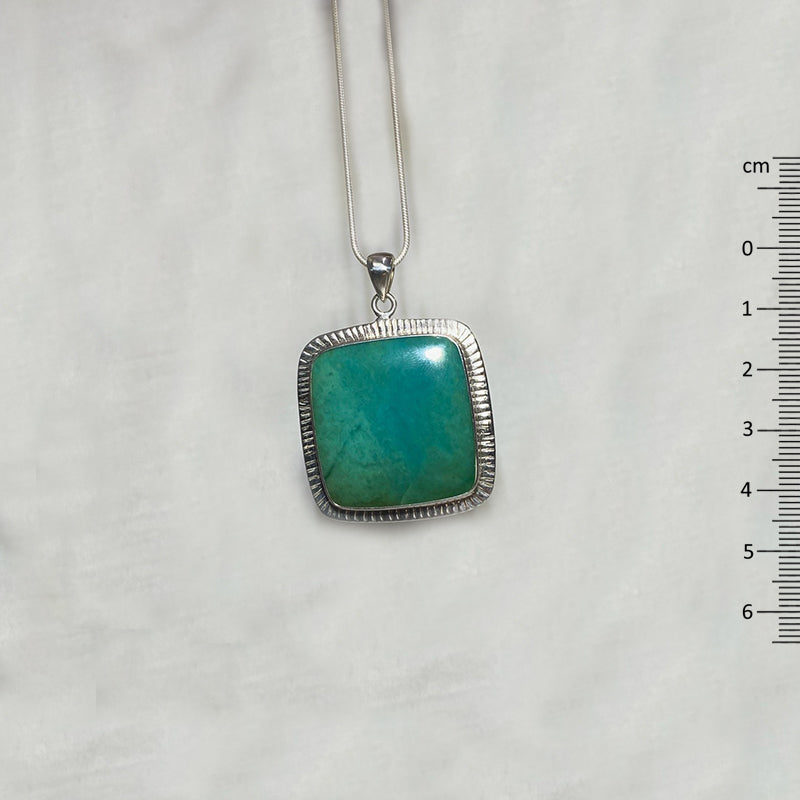 Square Blue Fossil Opal Wood Ornate Sterling Silver Pendant