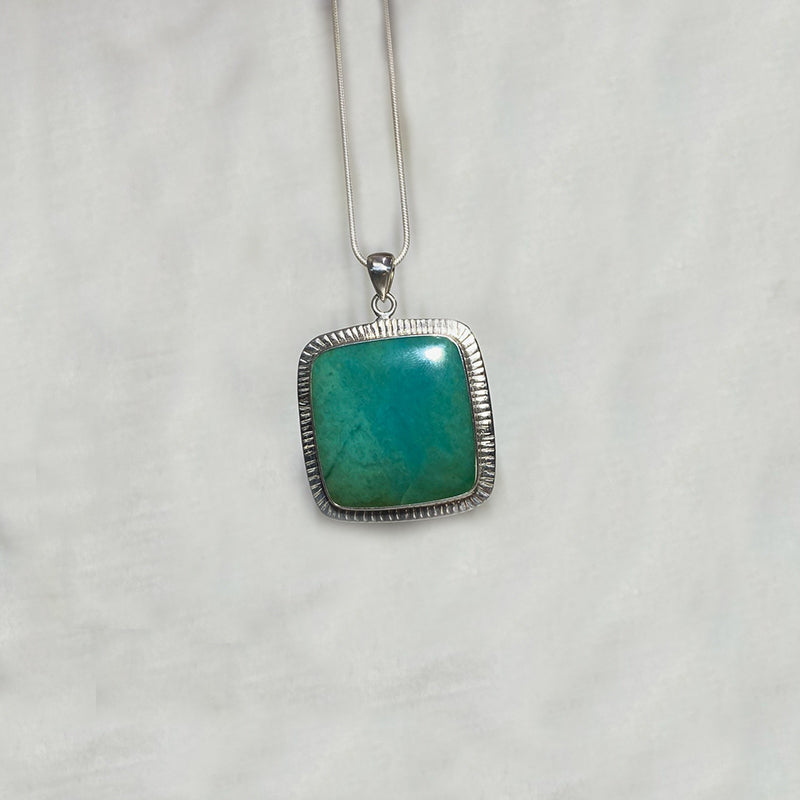 Square Blue Fossil Opal Wood Ornate Sterling Silver Pendant