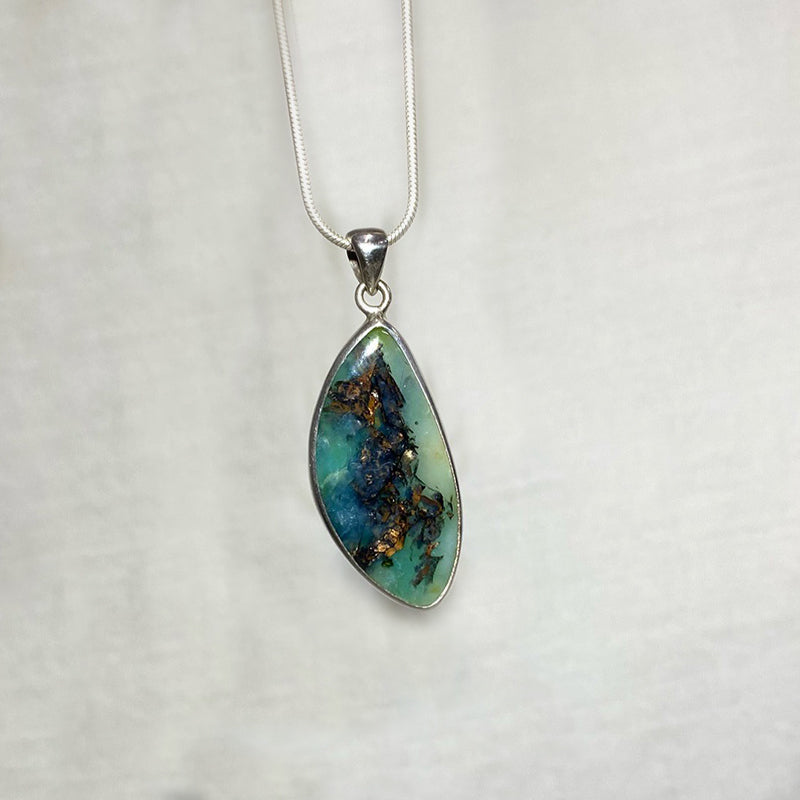Freeform Blue Fossil Opal Wood Copper Pendant