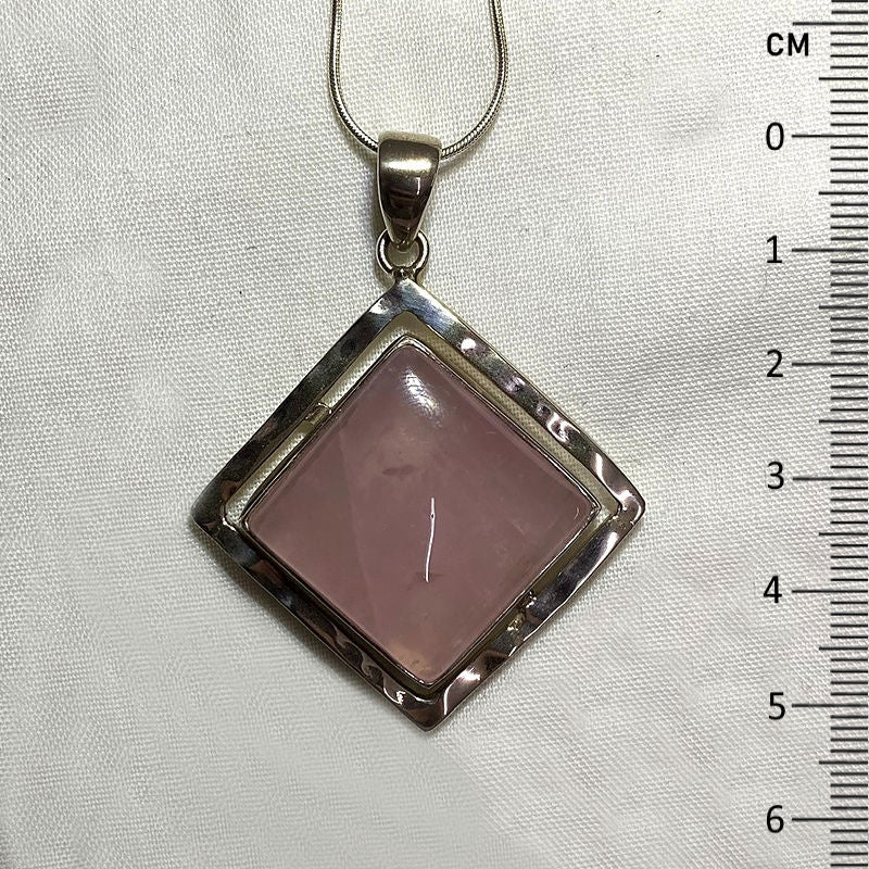 Diamond Shaped Rose Quartz Ornate Sterling Silver Pendant