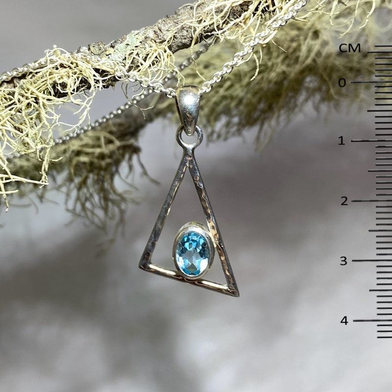 Hammered Sterling Silver Triangle Faceted Oval Blue Topaz Pendant