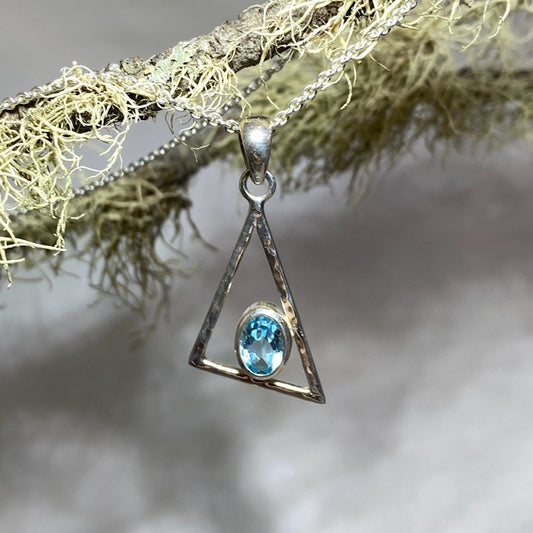 Hammered Sterling Silver Triangle Faceted Oval Blue Topaz Pendant