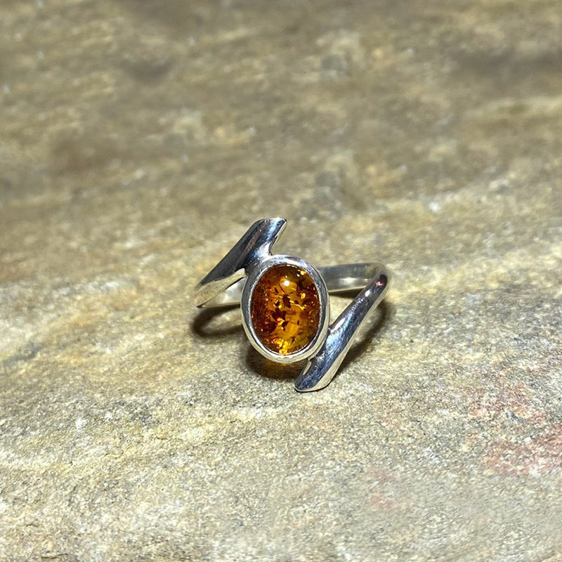 Sterling Silver Offset Oval Amber Ring- Size 8