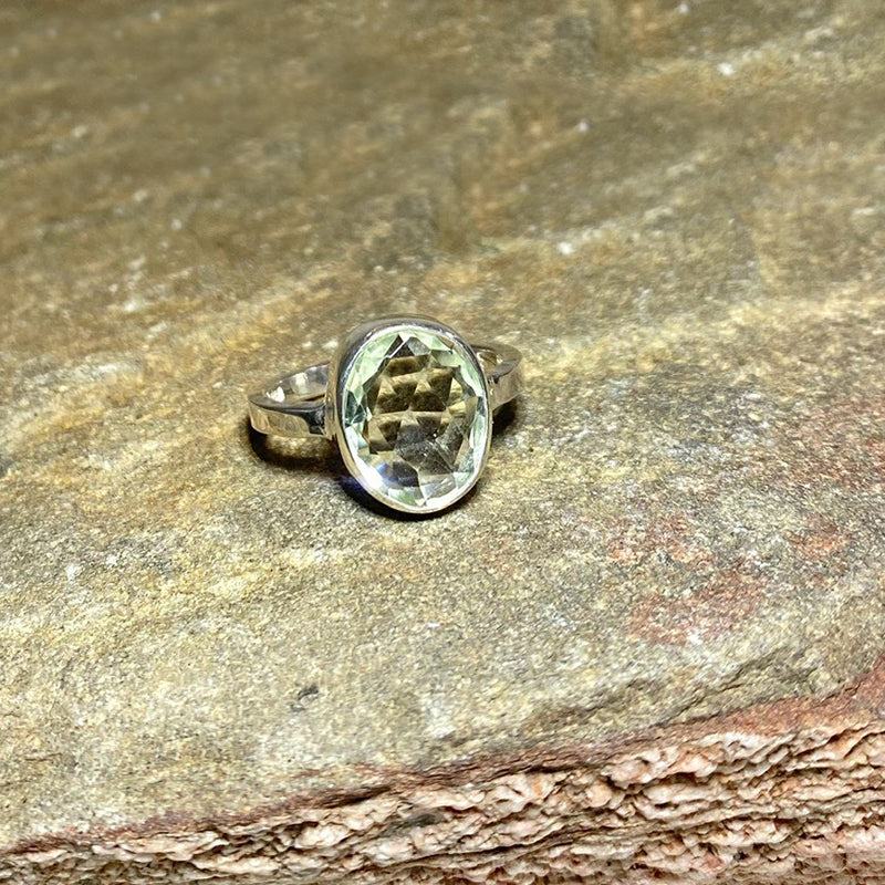 Faceted Oval Green Amethyst Ring- Size 7