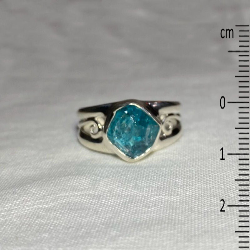 Natural Neon Blue Apatite Ornate Sterling Silver Ring- Size 8.5