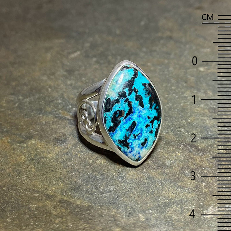 Diamond Shaped Azurite Swirling Silver Ring- Size 9.5