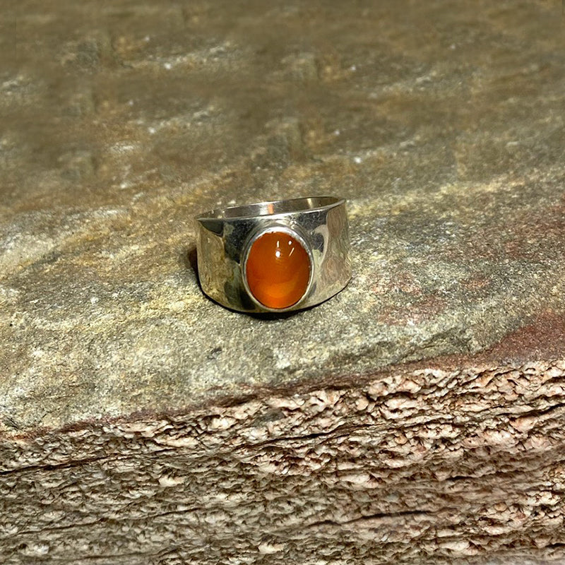 Hammered Sterling Silver Oval Carnelian Ring- Size 8