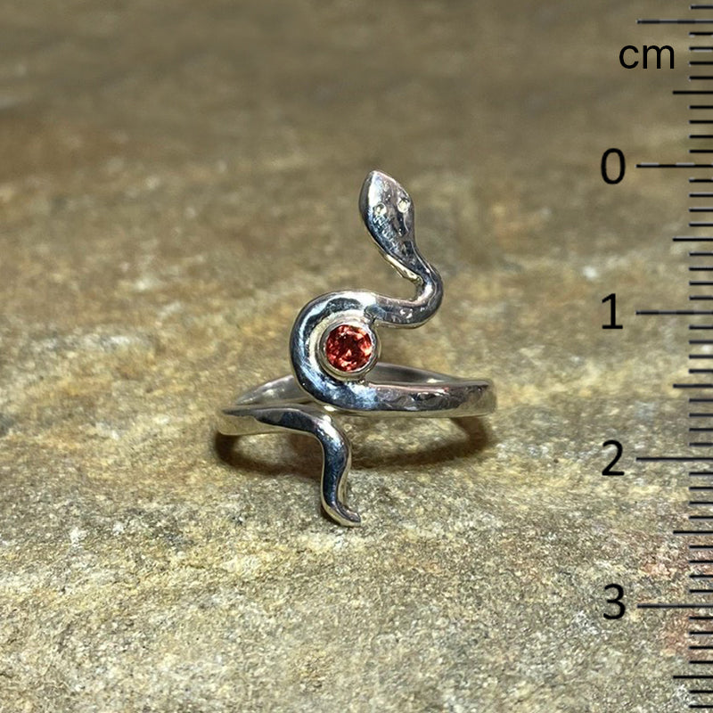 Round Faceted Garnet Sterling Silver Snake Ring- Size 6.5