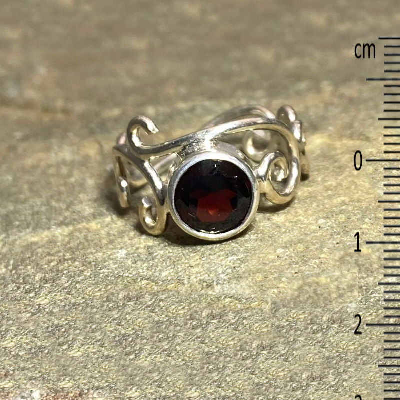 Faceted Round Garnet Swirling Sterling Silver Ring- Size 9