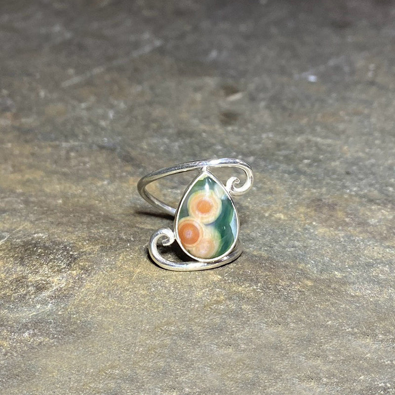 Teardrop Ocean Jasper Swirling Sterling Silver Ring- Size 8.5