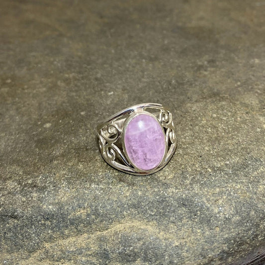 Scrolling Sterling Silver Band Oval Kunzite Ring- Size 8