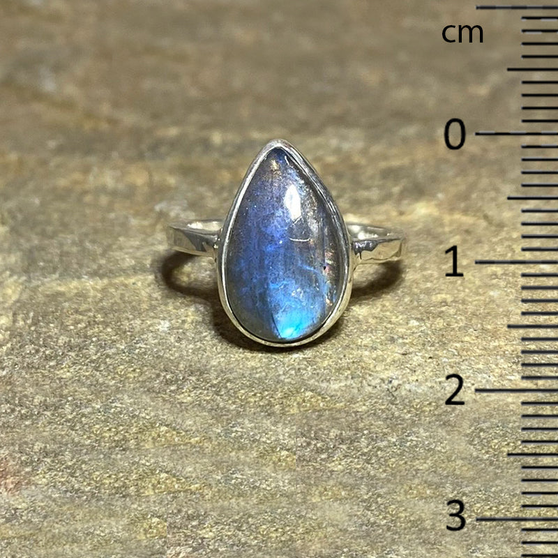 Teardrop Blue Flash Labradorite Ring- Size 7