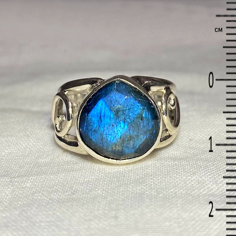 Faceted Teardrop Labradorite Swirling Sterling Silver Ring- Size 7