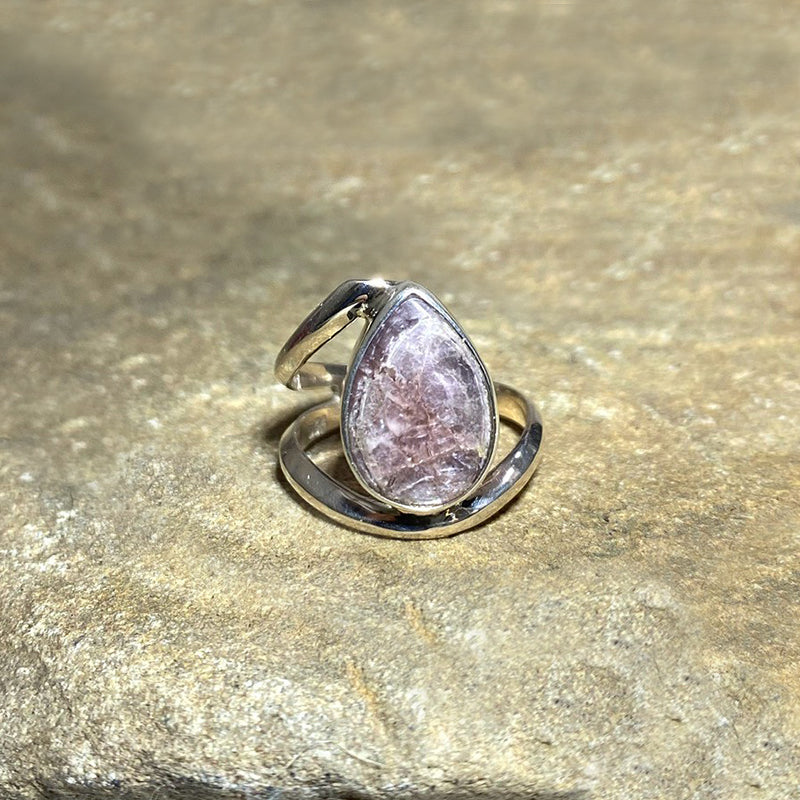 Offset Sterling Silver Teardrop Lepidolite Ring- Size 7
