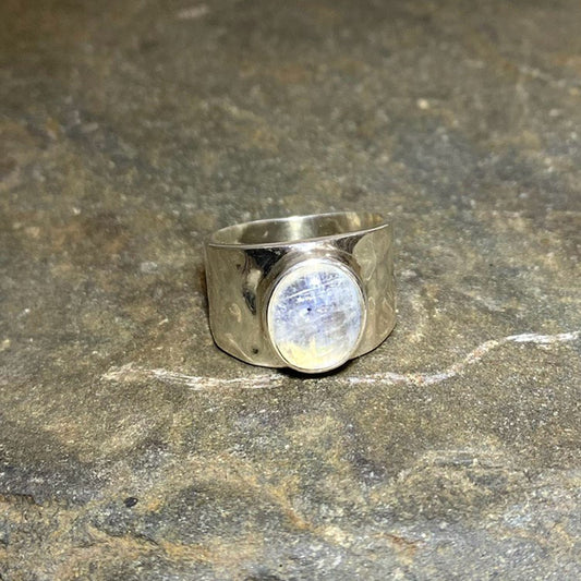 Hammered Silver Rainbow Moonstone Ring - Size 7
