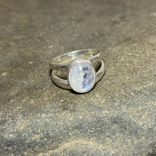 Sterling Silver Split Band Rainbow Moonstone Ring- Size 8