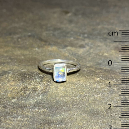 Rectangle Rainbow Moonstone Ring- Size 6.5