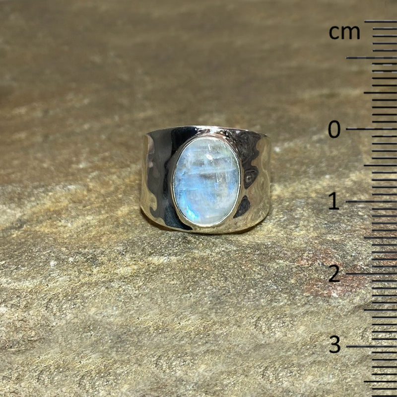 Oval Rainbow Moonstone Hammered Sterling Silver Band Ring- Size 10