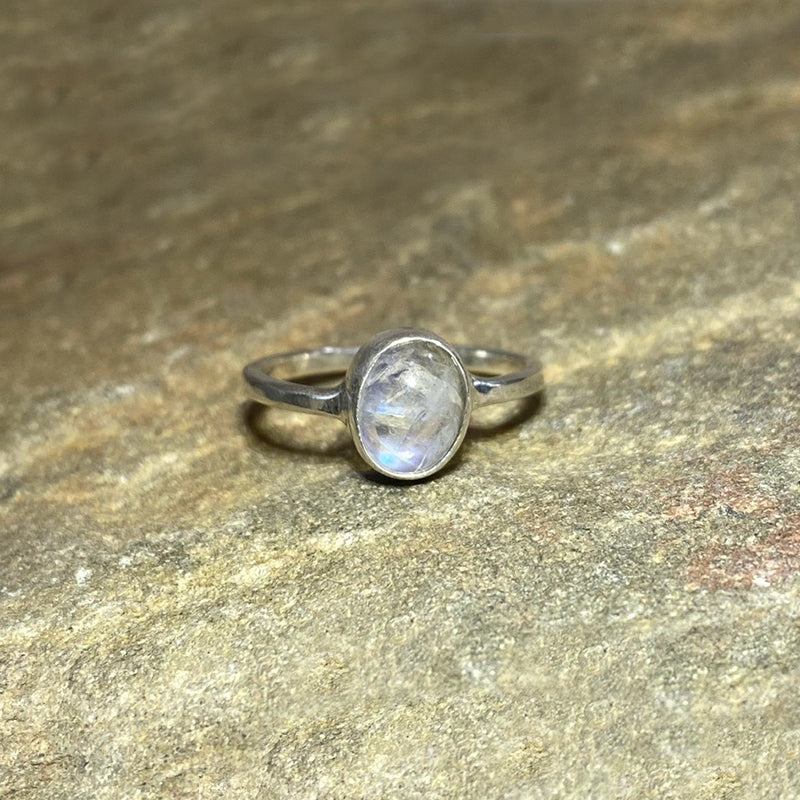 Oval Rainbow Moonstone Ring- Size 8