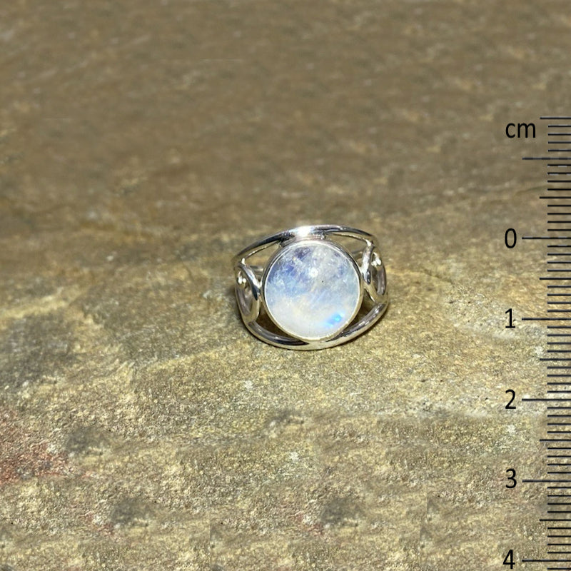 Round Rainbow Moonstone Swirling Sterling Silver Ring- Size 7.5