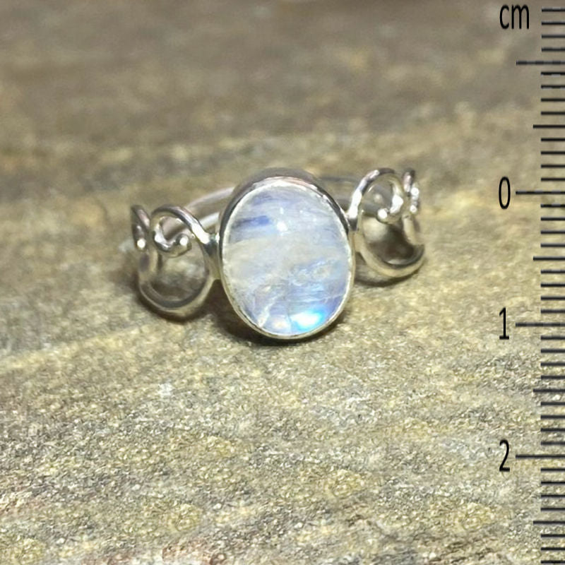 Oval Rainbow Moonstone Swirling Sterling Silver Ring- Size 8.5